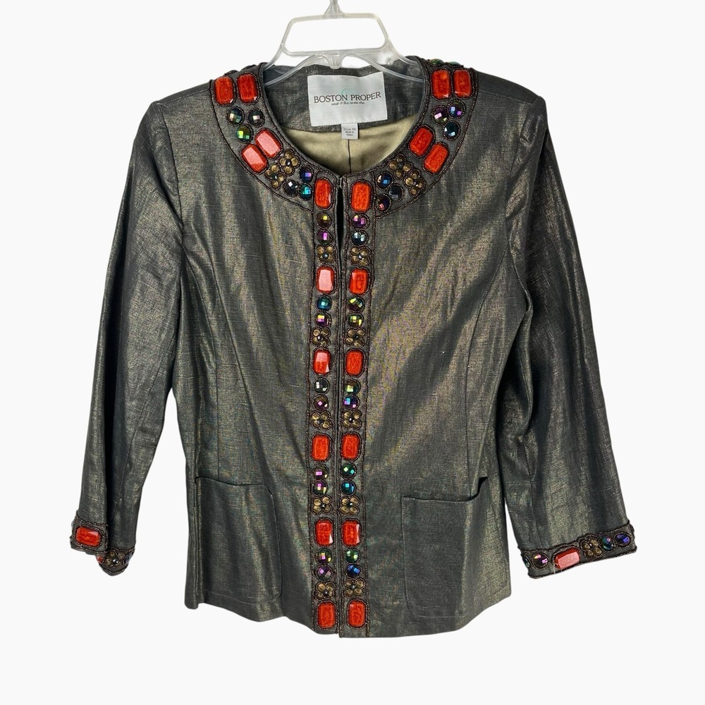 Boston Proper Linen Jacket 3/4 Sleeve Blazer Metallic Gold Brown Beaded Sz 10